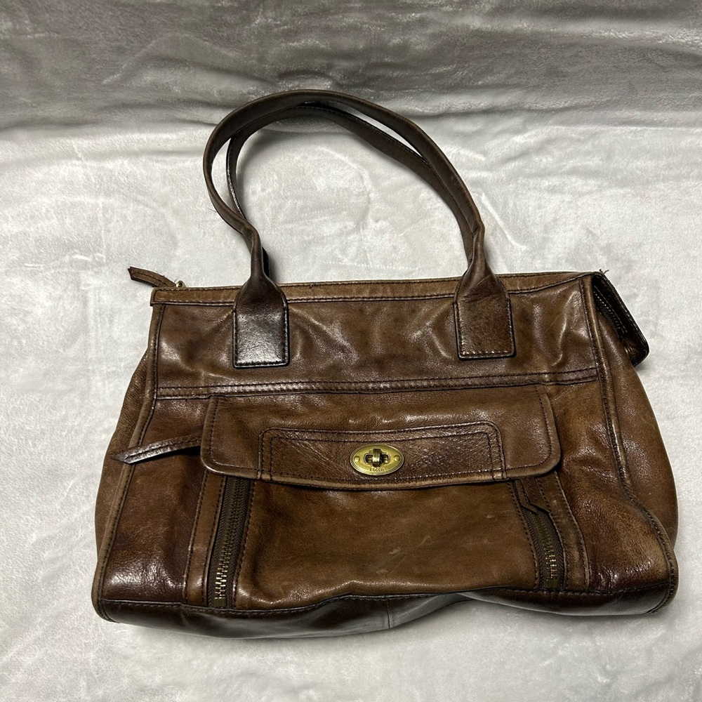 Vintage Fossil Brown Leather medium zip up Shoulder Bag Purse